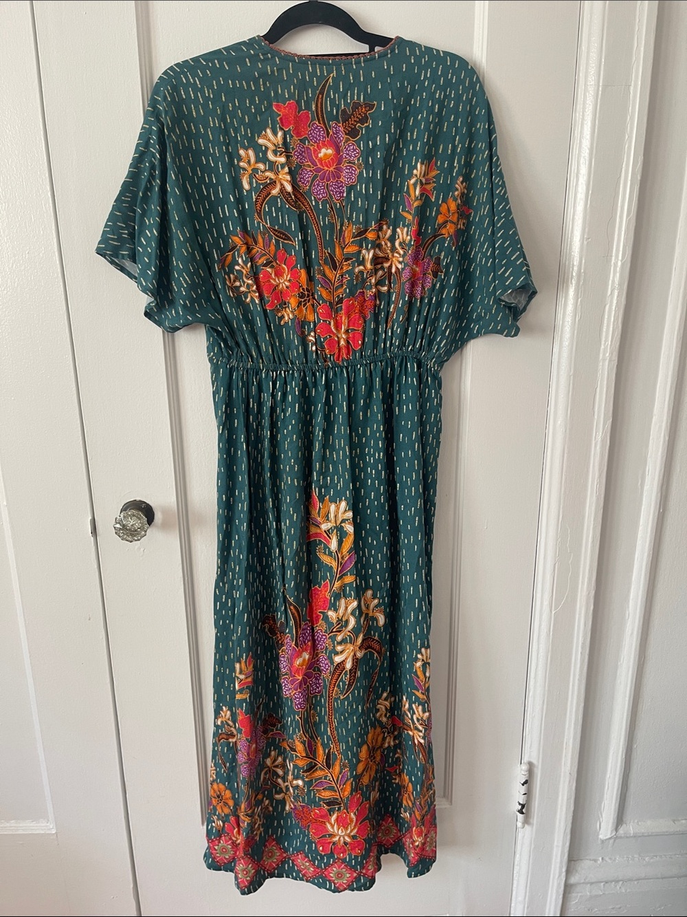 Anthropologie Bl-nk Tatiana Teal Floral V-Neck Midi Kaftan Dress - Picture 9 of 11